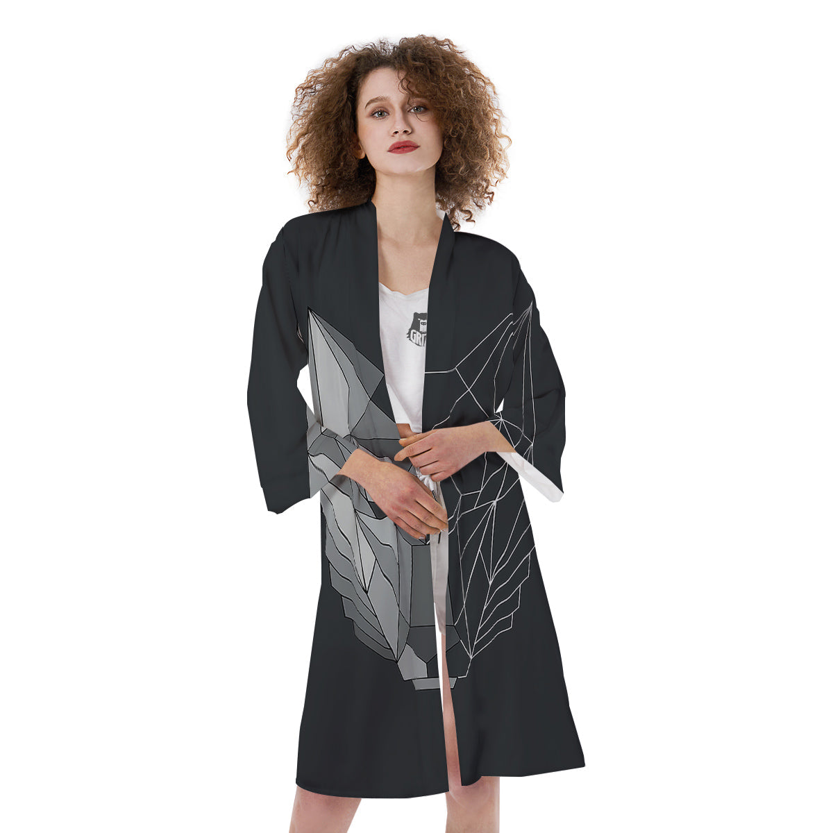 Wolf Geometric Dark Print Kimono-grizzshop