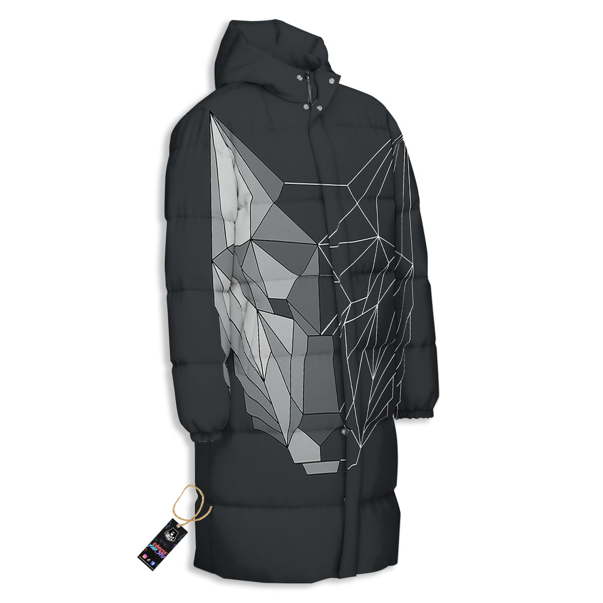 Wolf Geometric Dark Print Long Down Jacket-grizzshop