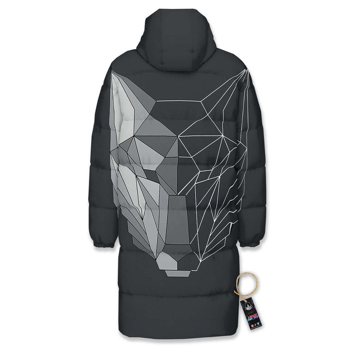 Wolf Geometric Dark Print Long Down Jacket-grizzshop