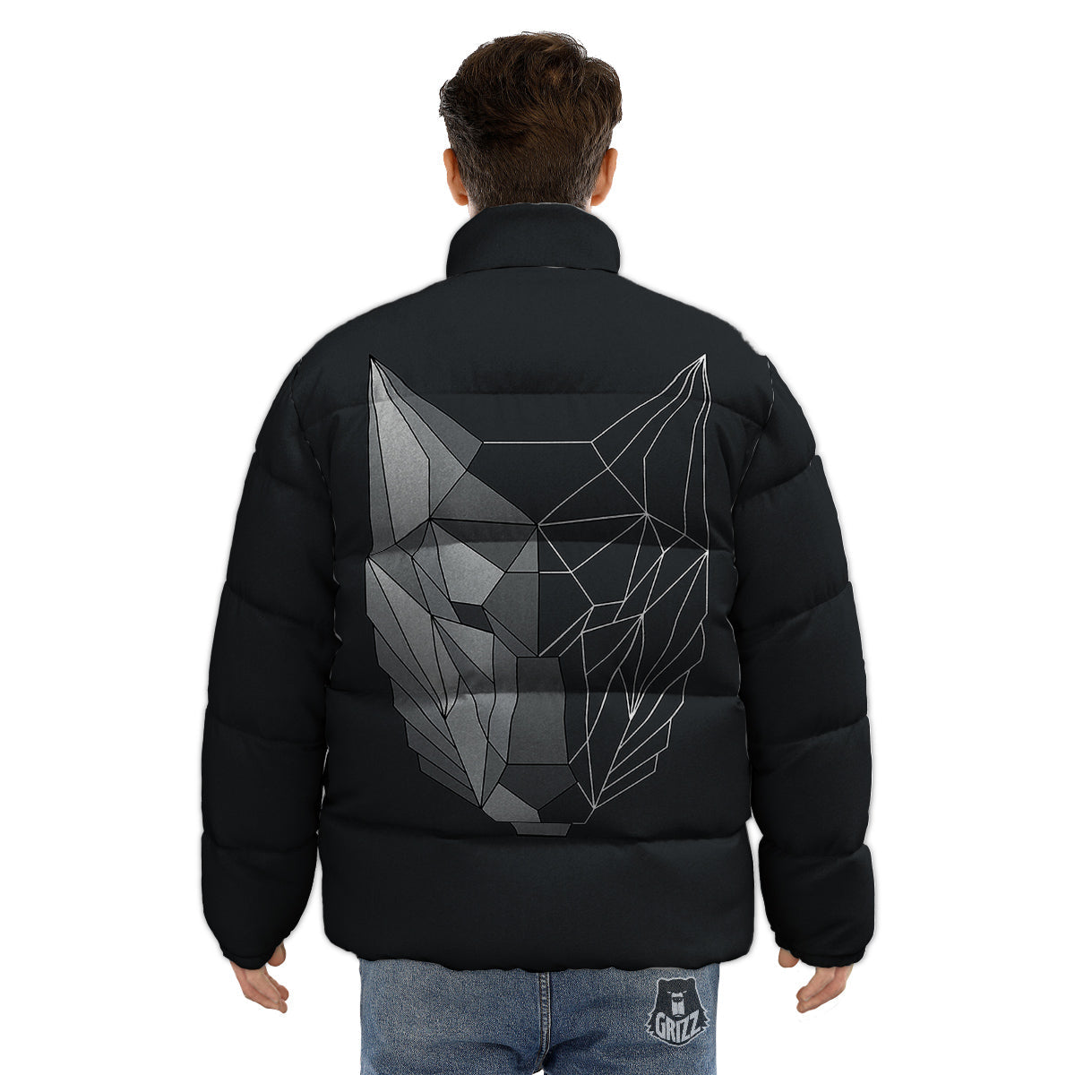 Wolf Geometric Dark Print Puffer Jacket-grizzshop