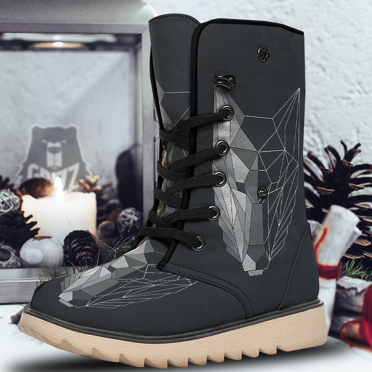Wolf Geometric Dark Print Snow Boots-grizzshop