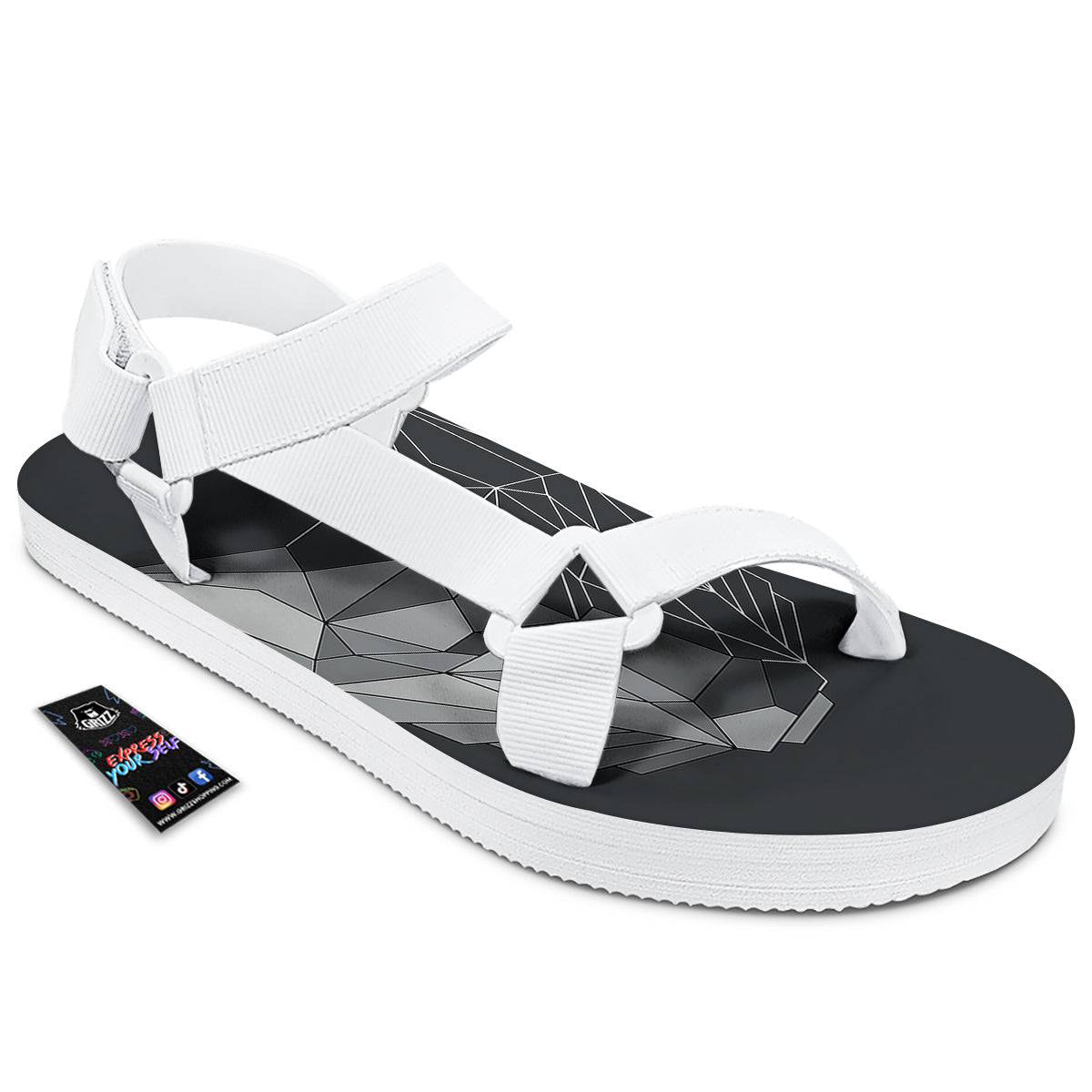 Wolf Geometric Dark Print White Open Toe Sandals-grizzshop