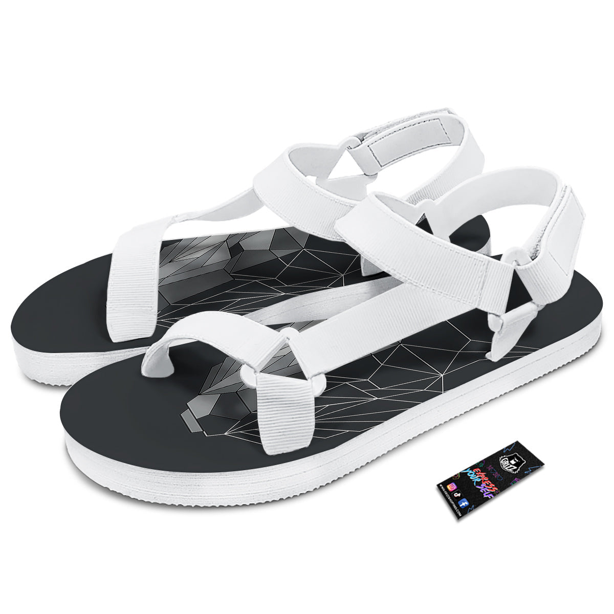 Wolf Geometric Dark Print White Open Toe Sandals-grizzshop