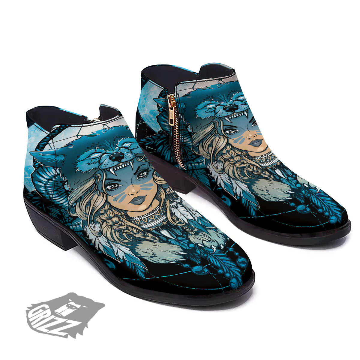 Wolf Girl Native American Print Ankle Boots-grizzshop