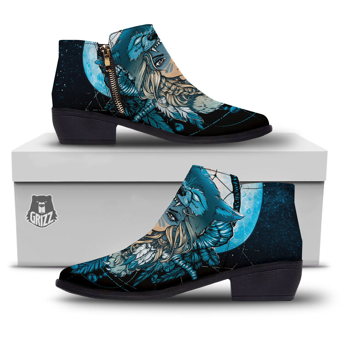 Wolf Girl Native American Print Ankle Boots-grizzshop