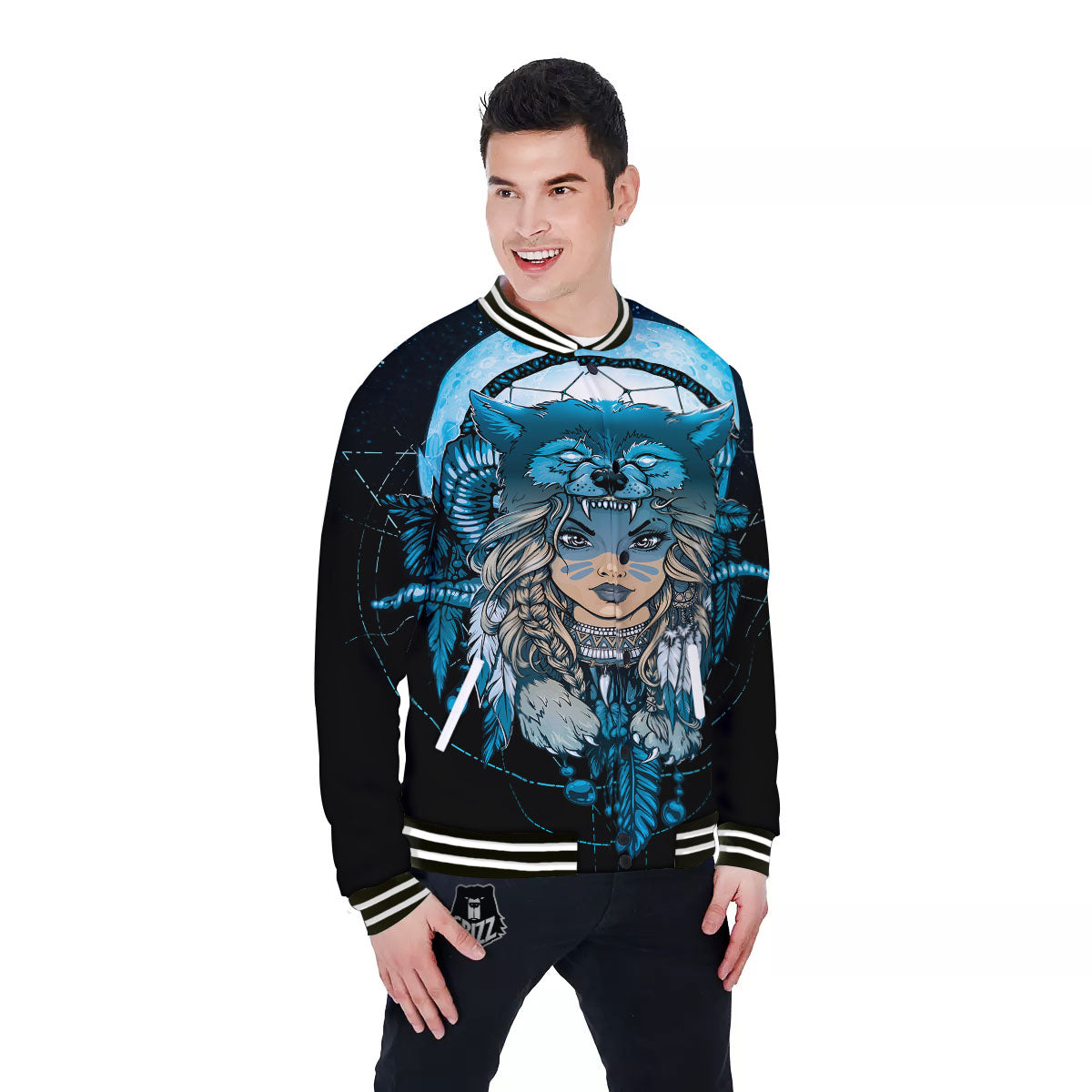 Wolf Girl Native American Print Baseball Jacket-grizzshop