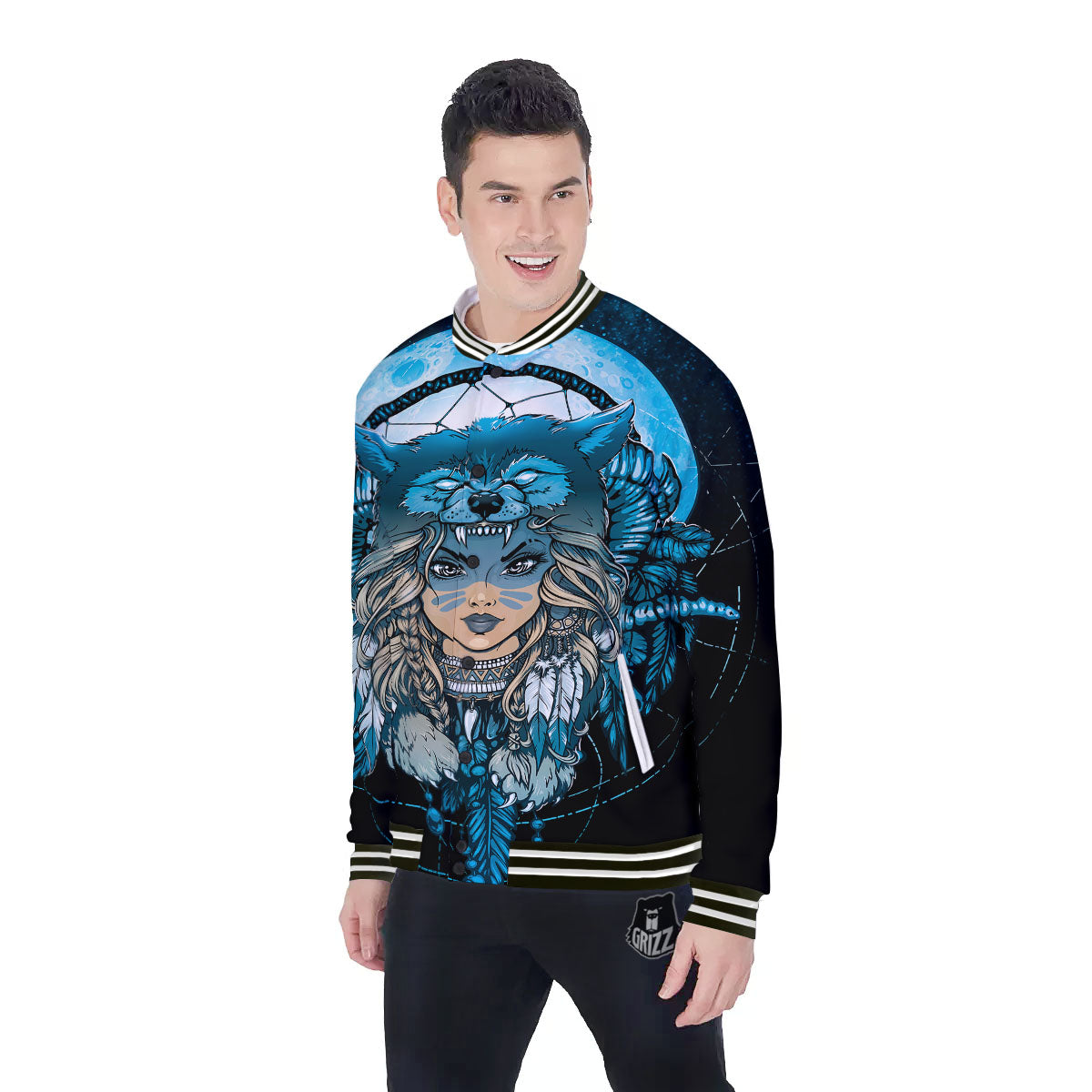 Wolf Girl Native American Print Baseball Jacket-grizzshop