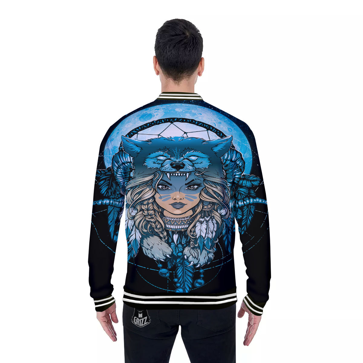 Wolf Girl Native American Print Baseball Jacket-grizzshop