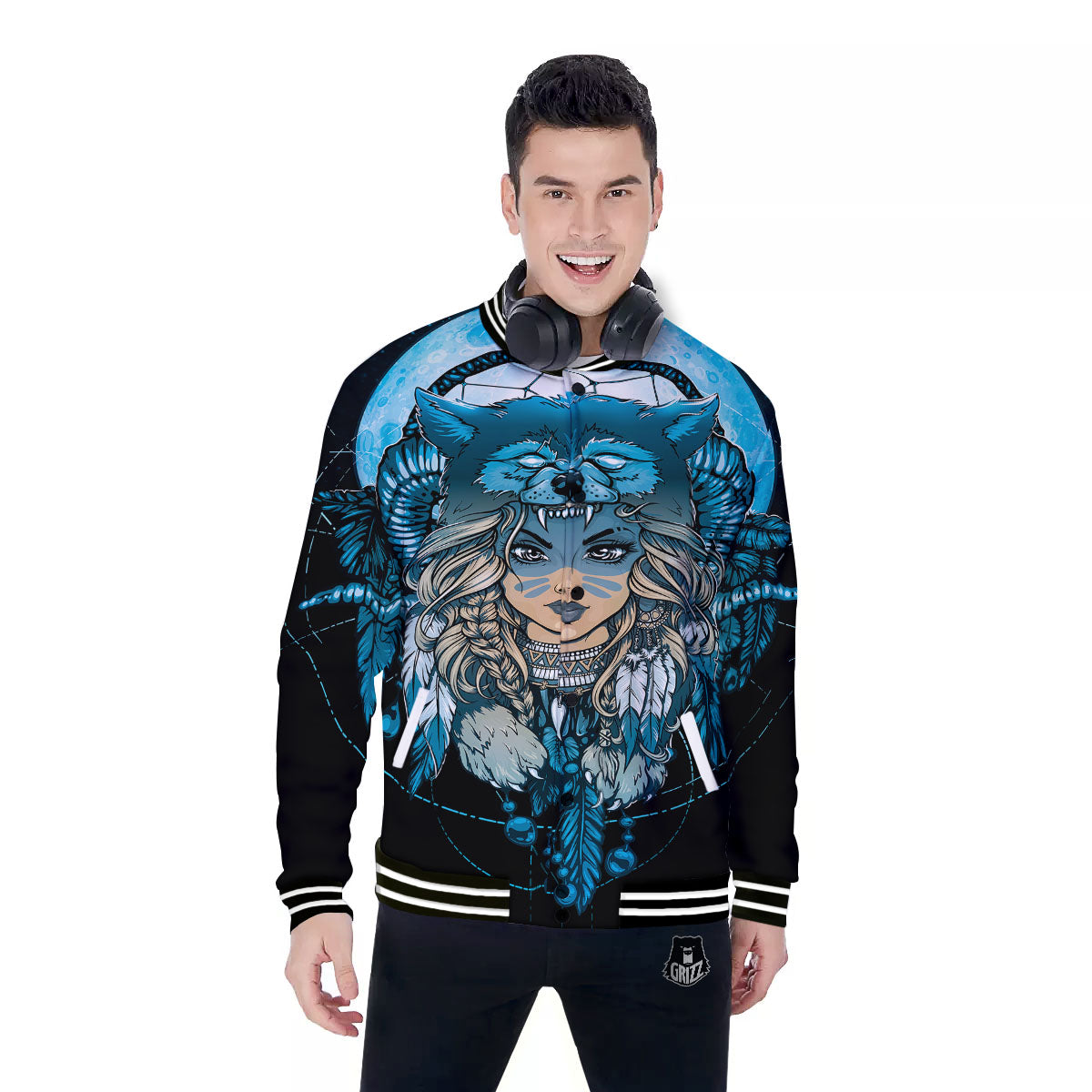 Wolf Girl Native American Print Baseball Jacket-grizzshop