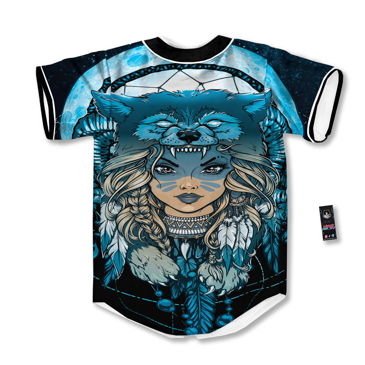 Wolf Girl Native American Print Baseball Jersey-grizzshop