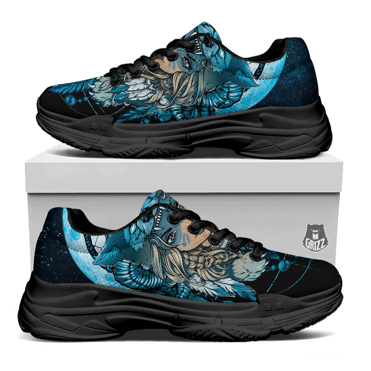 Wolf Girl Native American Print Black Chunky Shoes-grizzshop