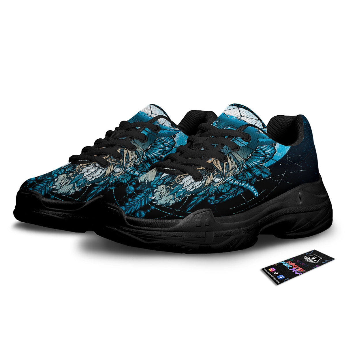 Wolf Girl Native American Print Black Chunky Shoes-grizzshop