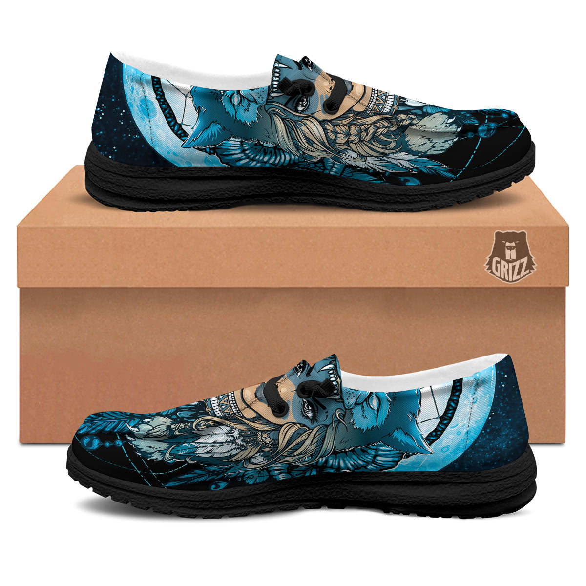 Wolf Girl Native American Print Black Loafers-grizzshop