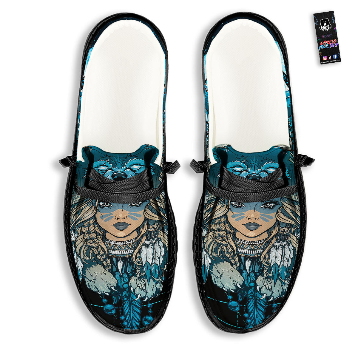 Wolf Girl Native American Print Black Loafers-grizzshop
