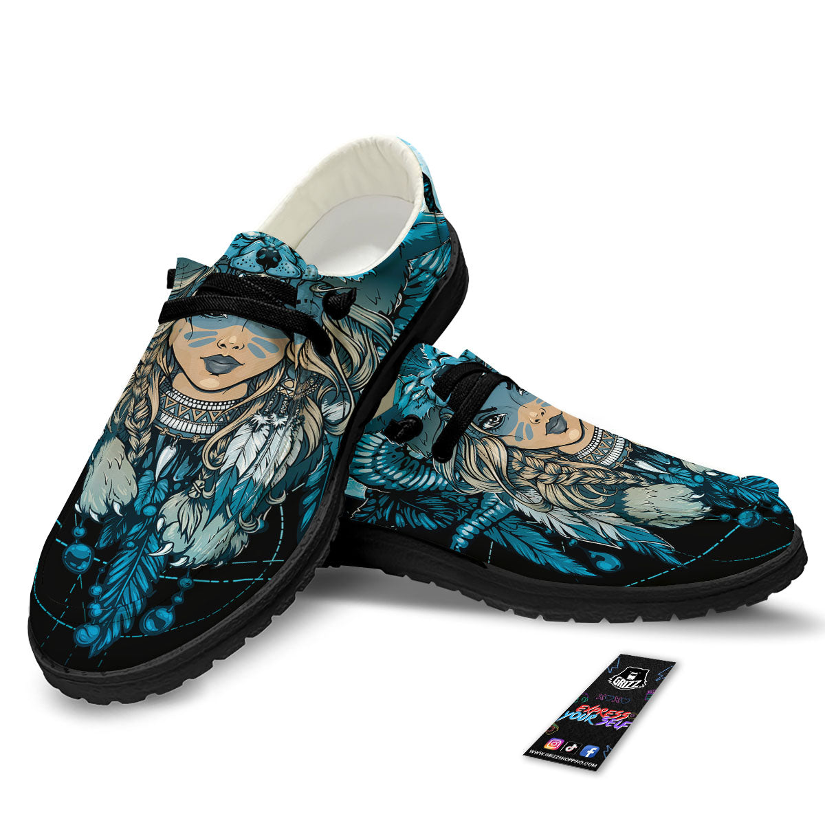 Wolf Girl Native American Print Black Loafers-grizzshop