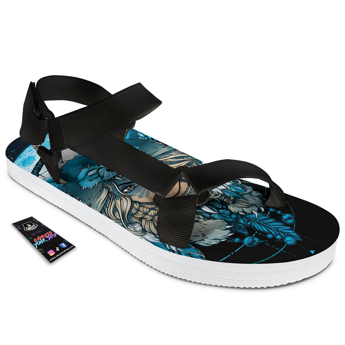 Wolf Girl Native American Print Black Open Toe Sandals-grizzshop