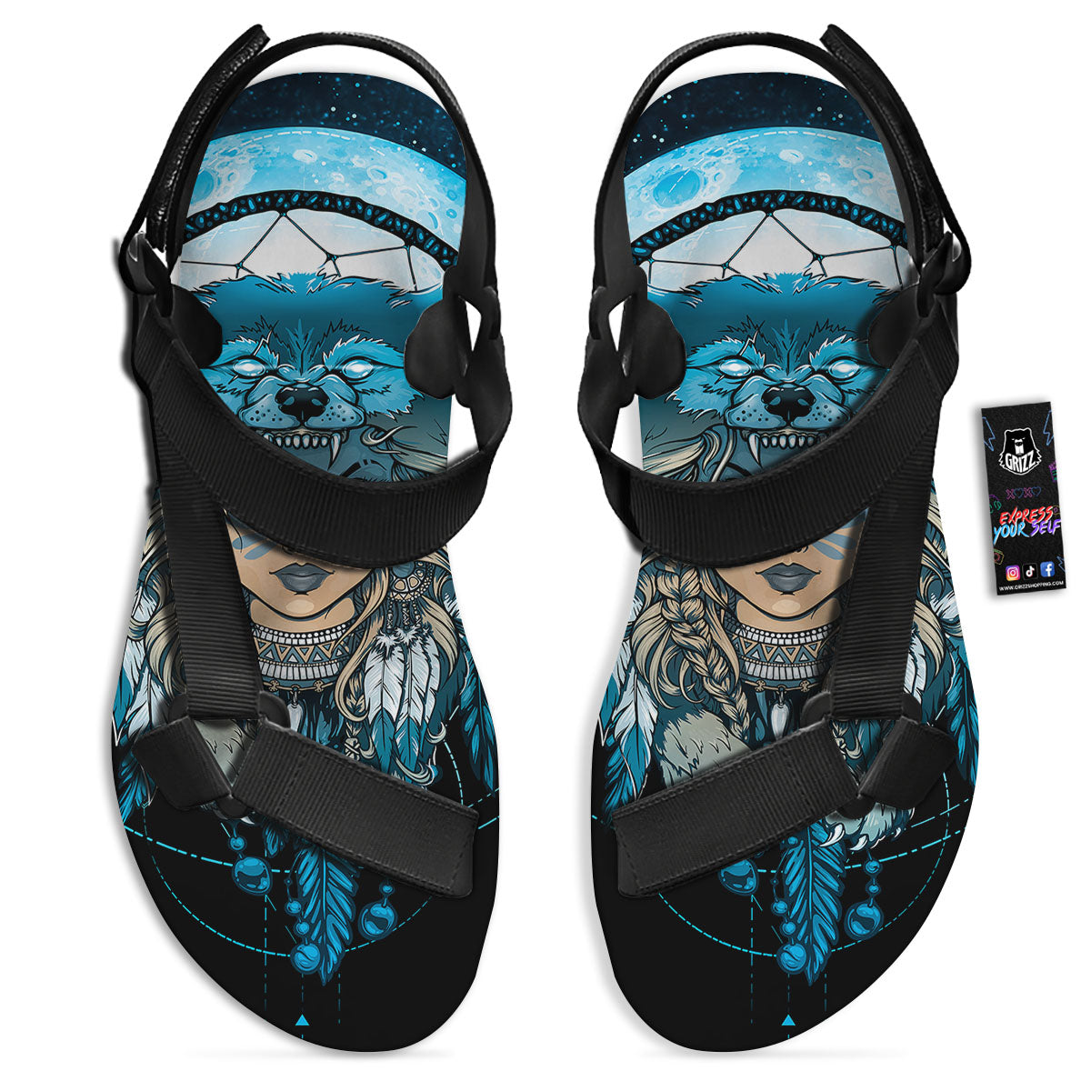 Wolf Girl Native American Print Black Open Toe Sandals-grizzshop