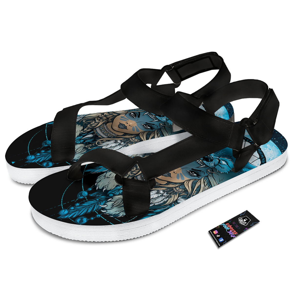 Wolf Girl Native American Print Black Open Toe Sandals-grizzshop