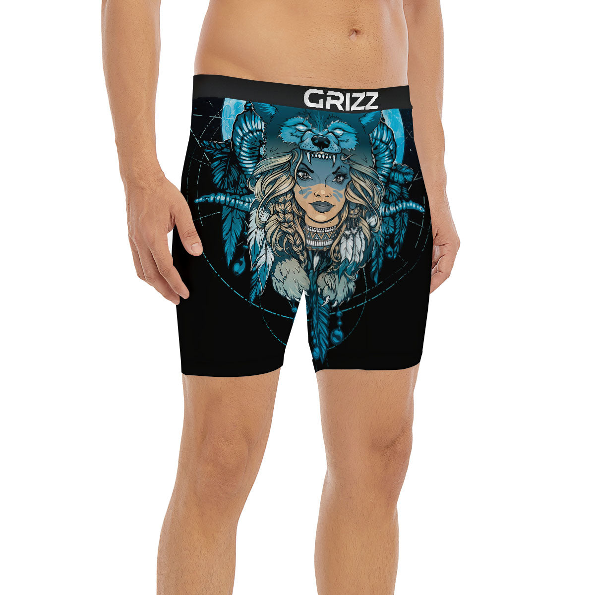 Wolf Girl Native American Print Boxer Briefs-grizzshop