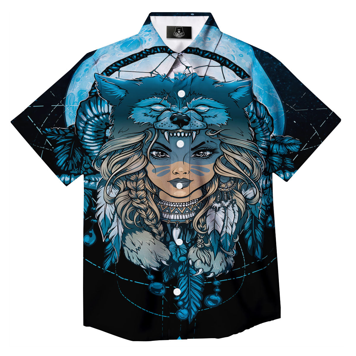 Wolf Girl Native American Print Button Up Shirt-grizzshop