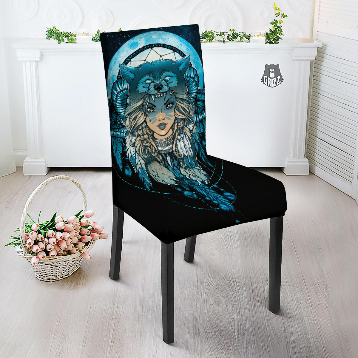 Wolf Girl Native American Print Dining Chair Slipcover-grizzshop