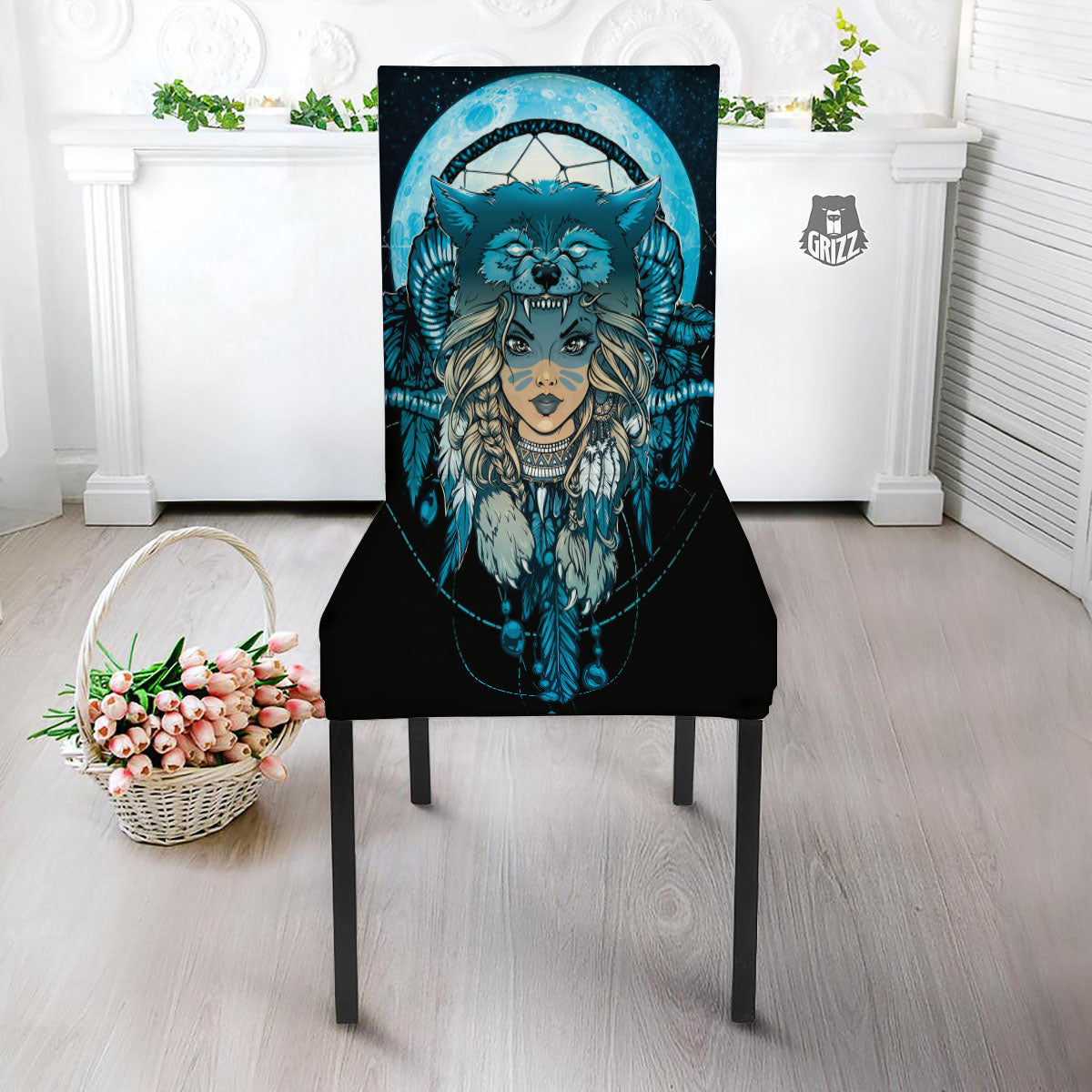 Wolf Girl Native American Print Dining Chair Slipcover-grizzshop