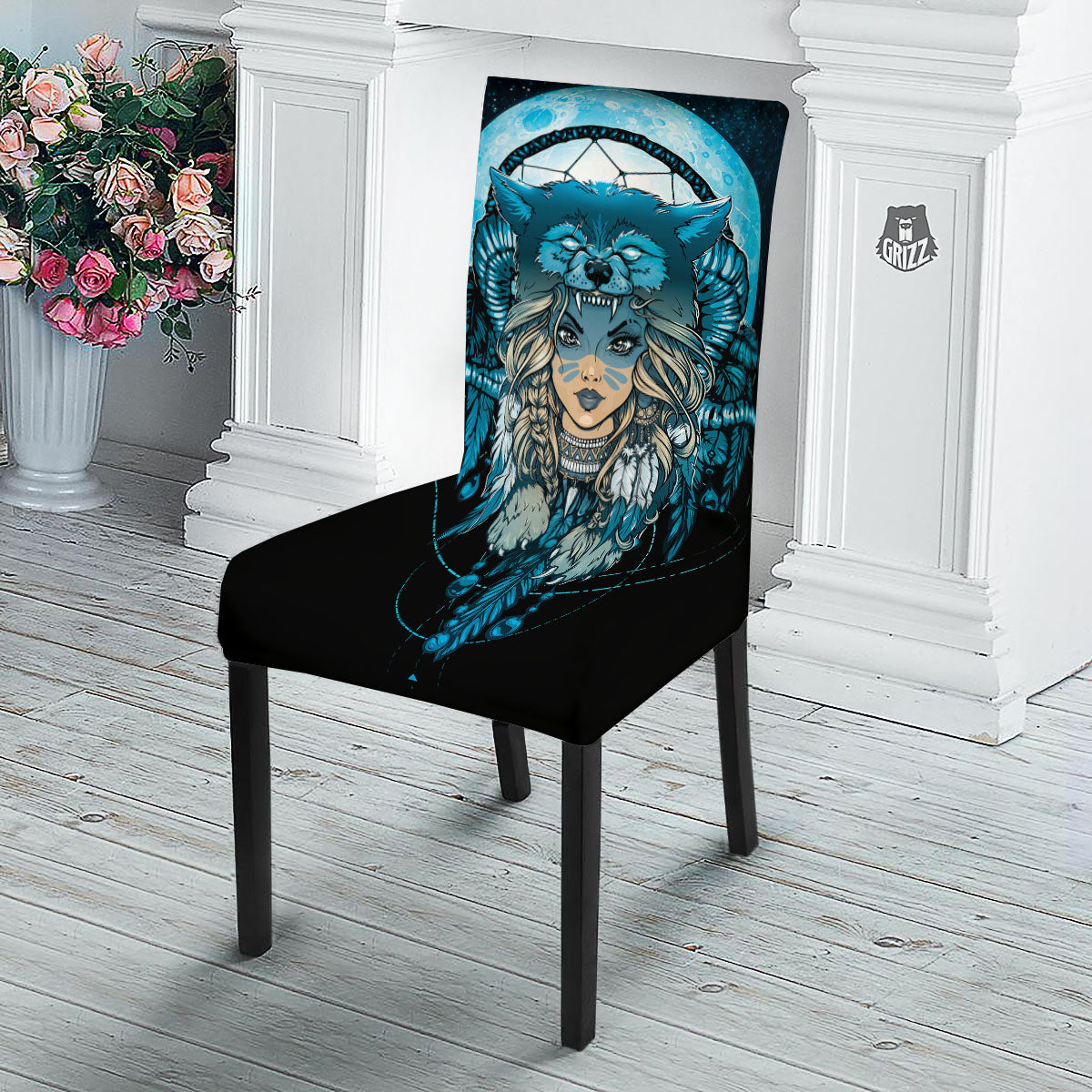 Wolf Girl Native American Print Dining Chair Slipcover-grizzshop