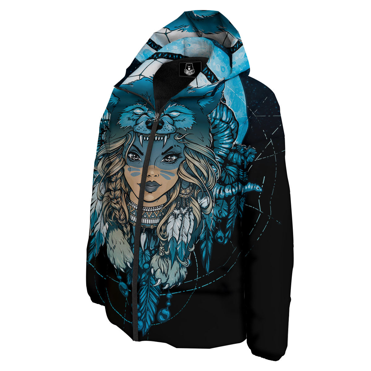 Wolf Girl Native American Print Down Jacket-grizzshop