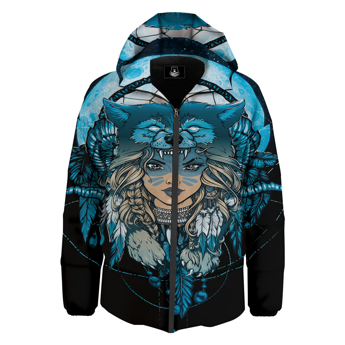 Wolf Girl Native American Print Down Jacket-grizzshop