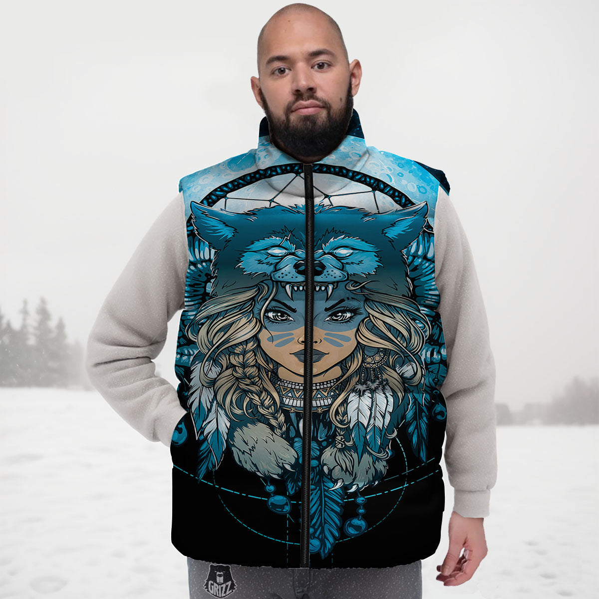 Wolf Girl Native American Print Down Vest