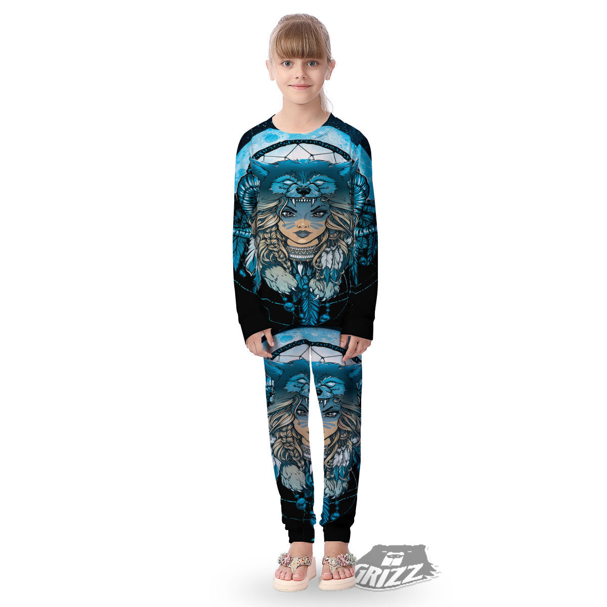 Wolf Girl Native American Print Kid's Pajamas-grizzshop