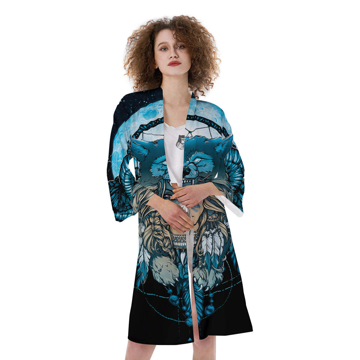 Wolf Girl Native American Print Kimono-grizzshop