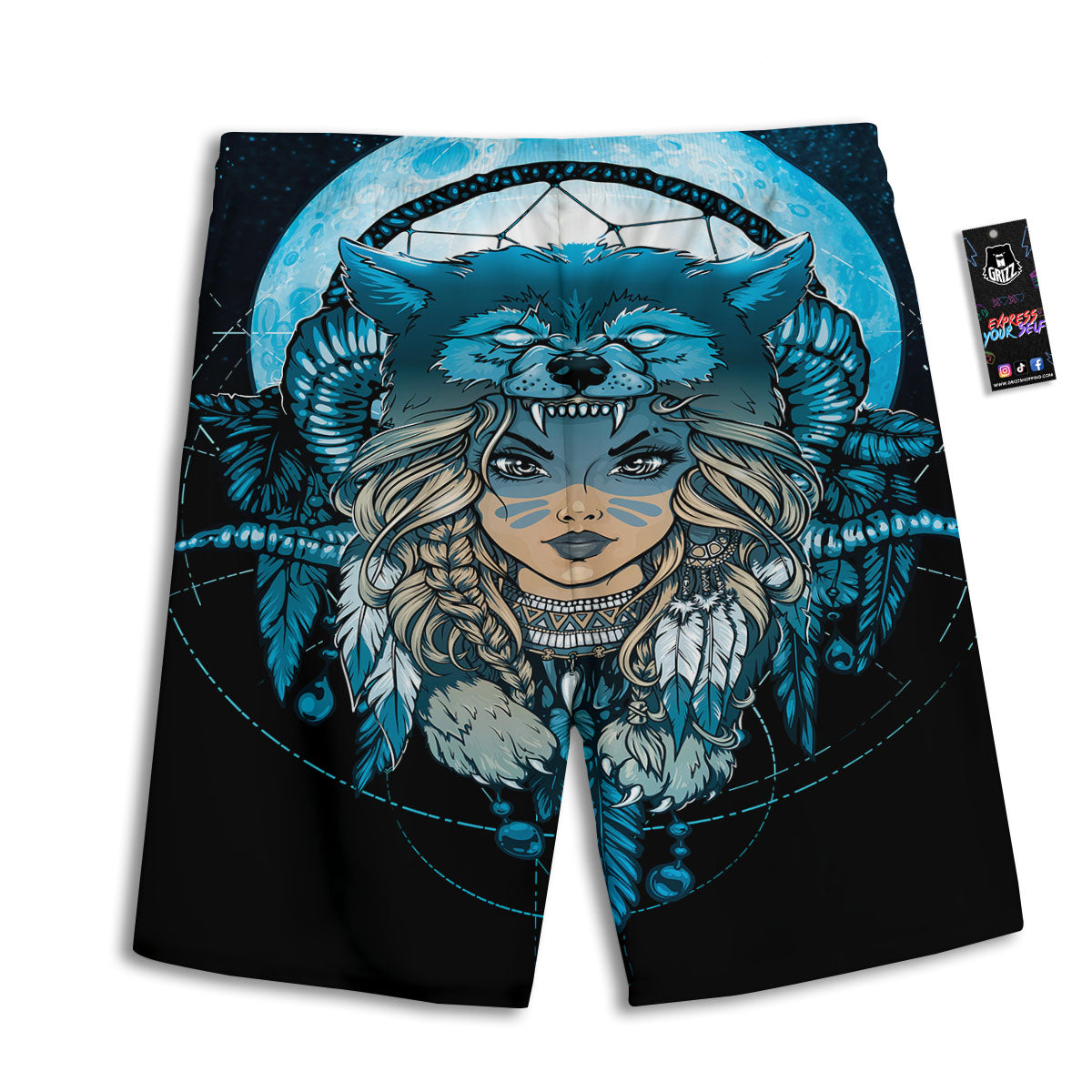 Wolf Girl Native American Print Men's Athletic Shorts