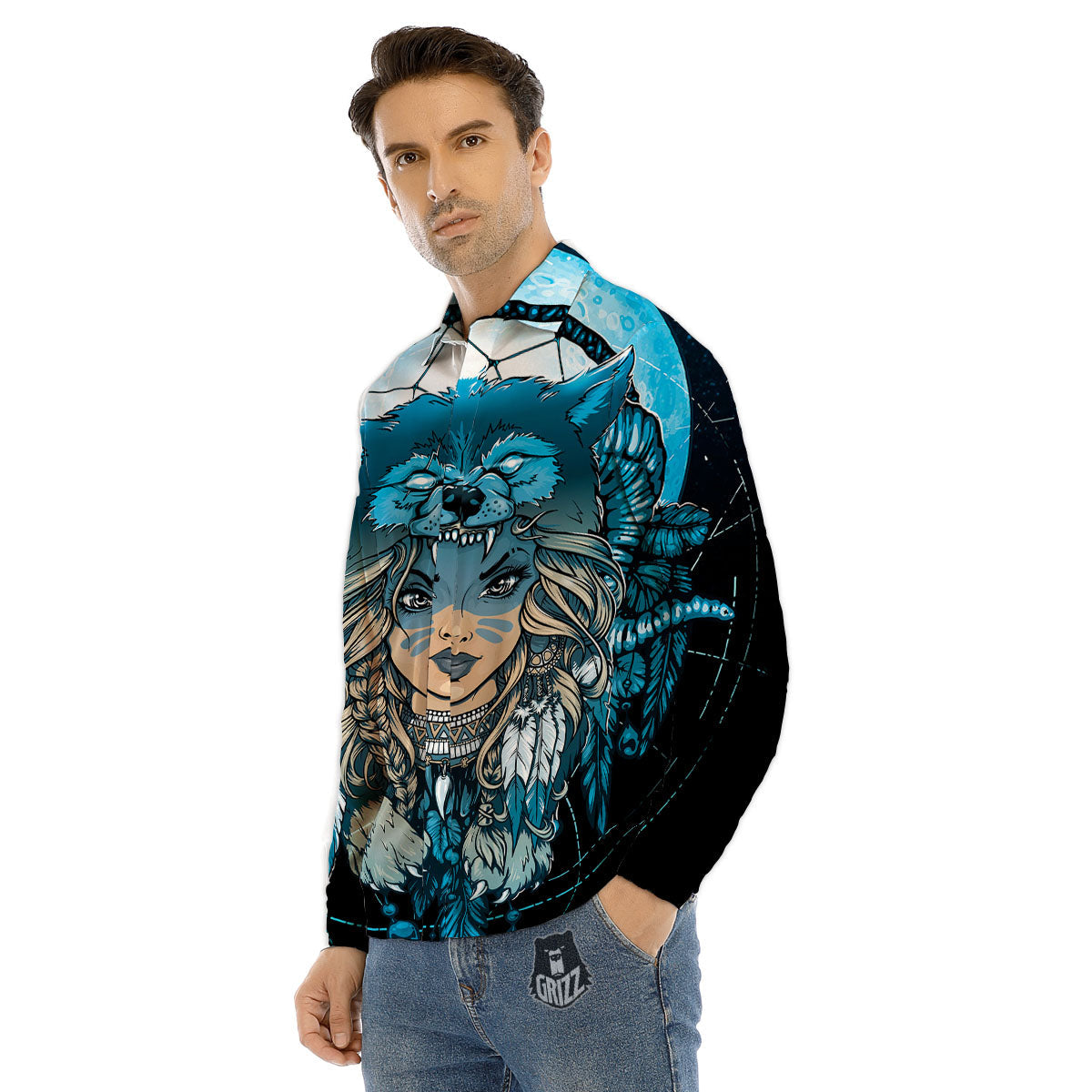 Wolf Girl Native American Print Men's Dress Shirts-grizzshop