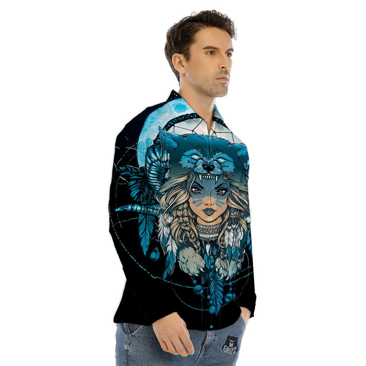 Wolf Girl Native American Print Men's Dress Shirts-grizzshop