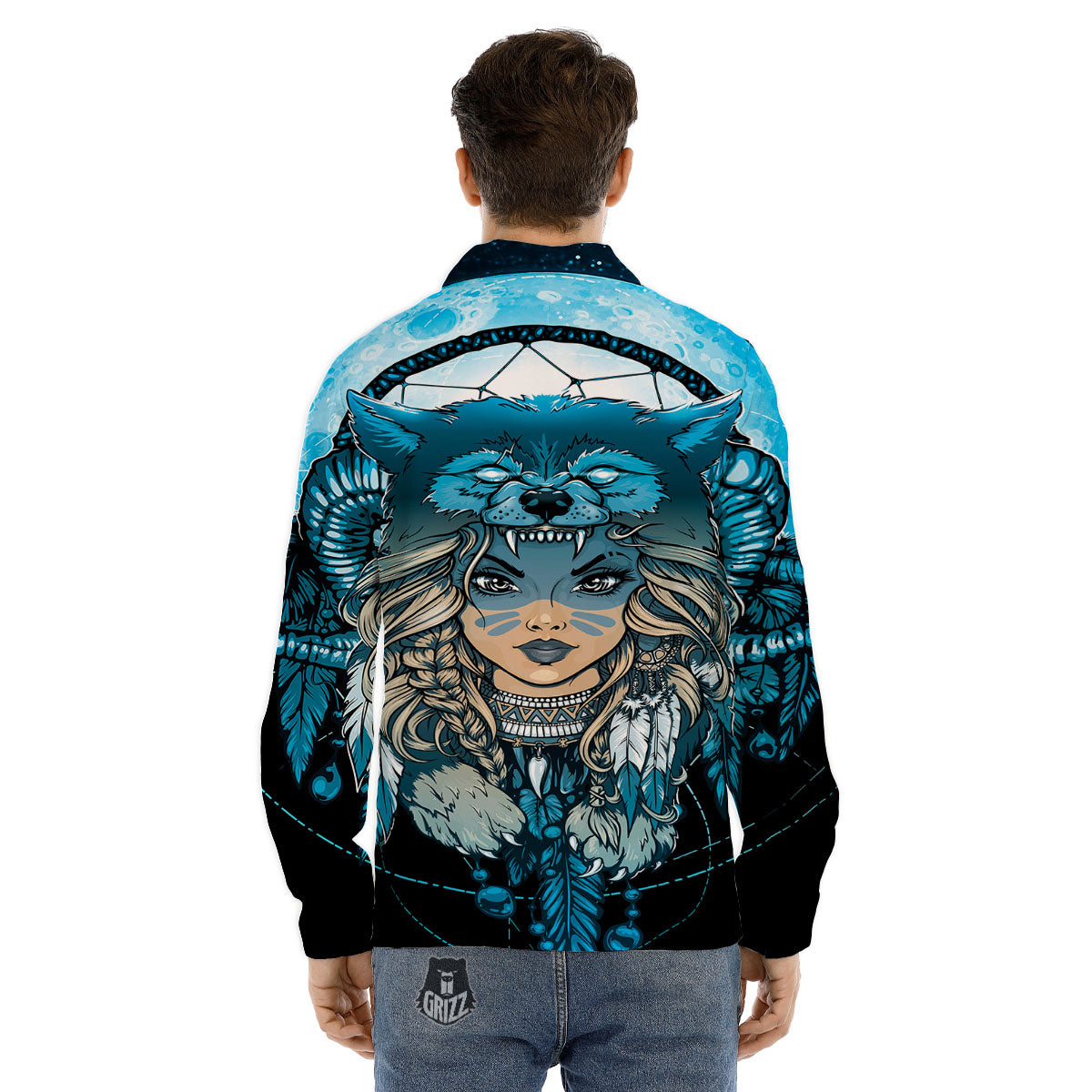 Wolf Girl Native American Print Men's Dress Shirts-grizzshop