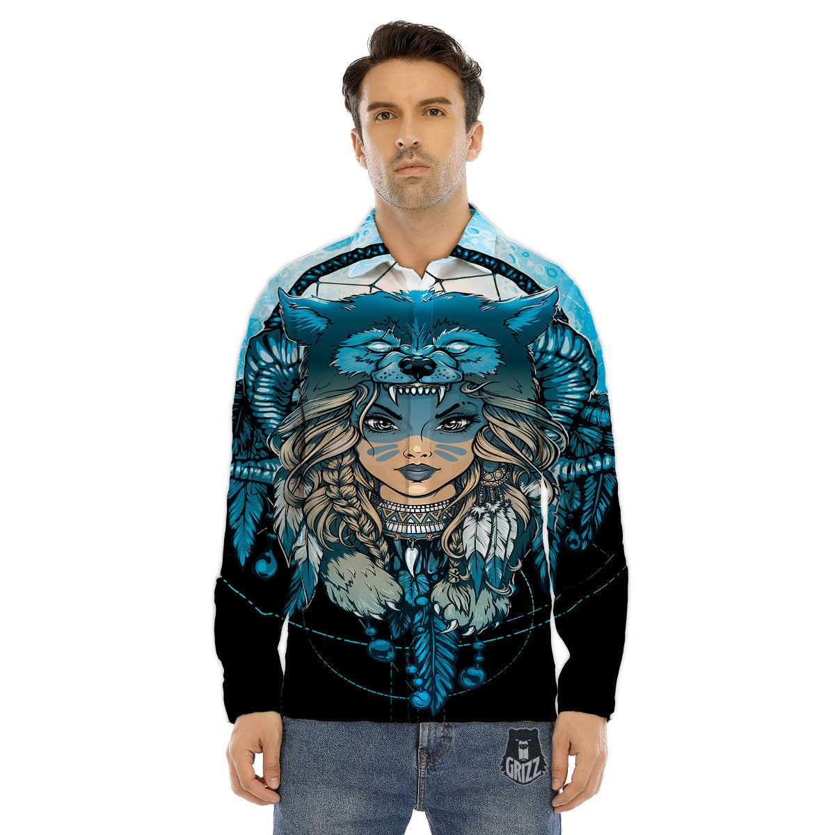 Wolf Girl Native American Print Men's Dress Shirts-grizzshop