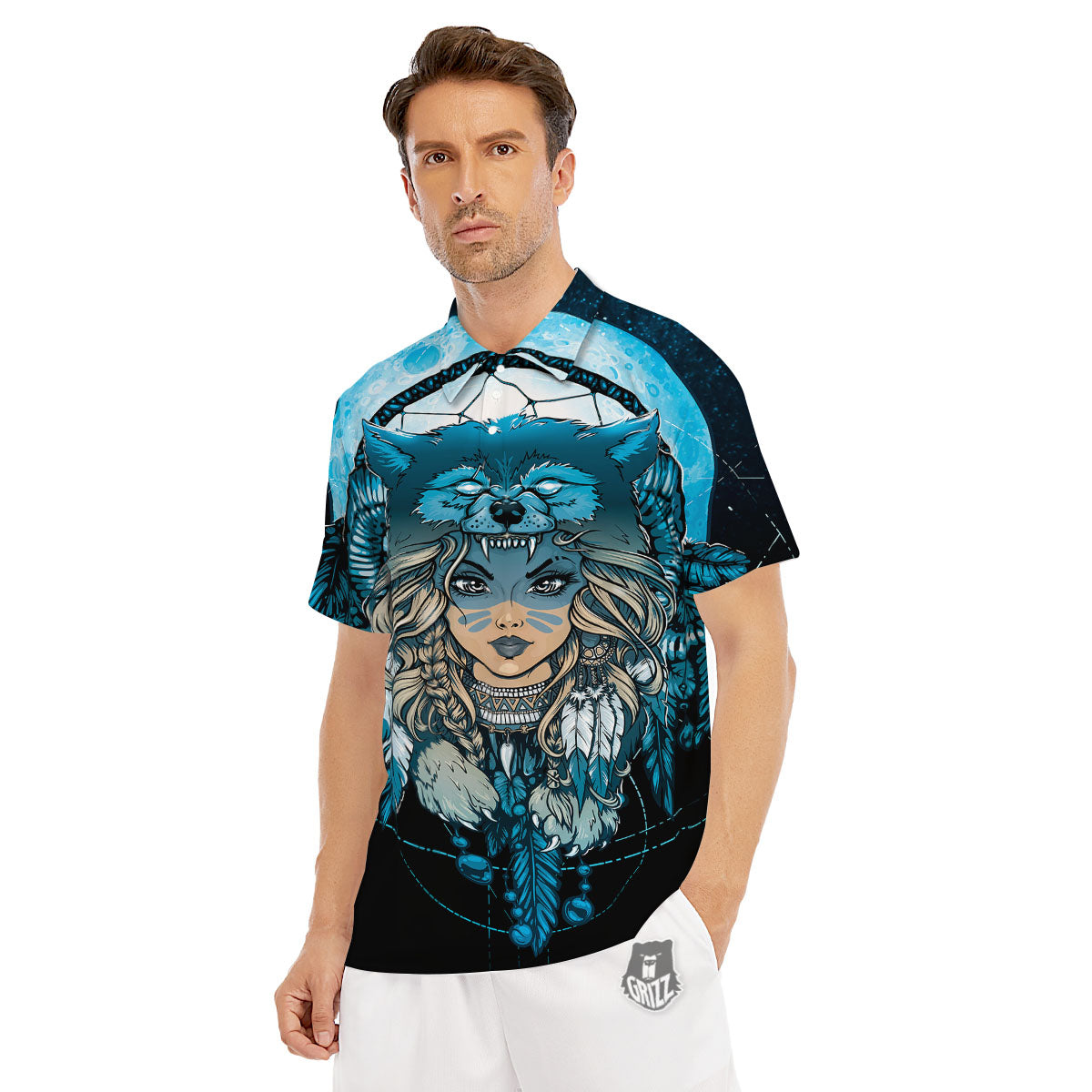Wolf Girl Native American Print Men's Golf Shirts-grizzshop