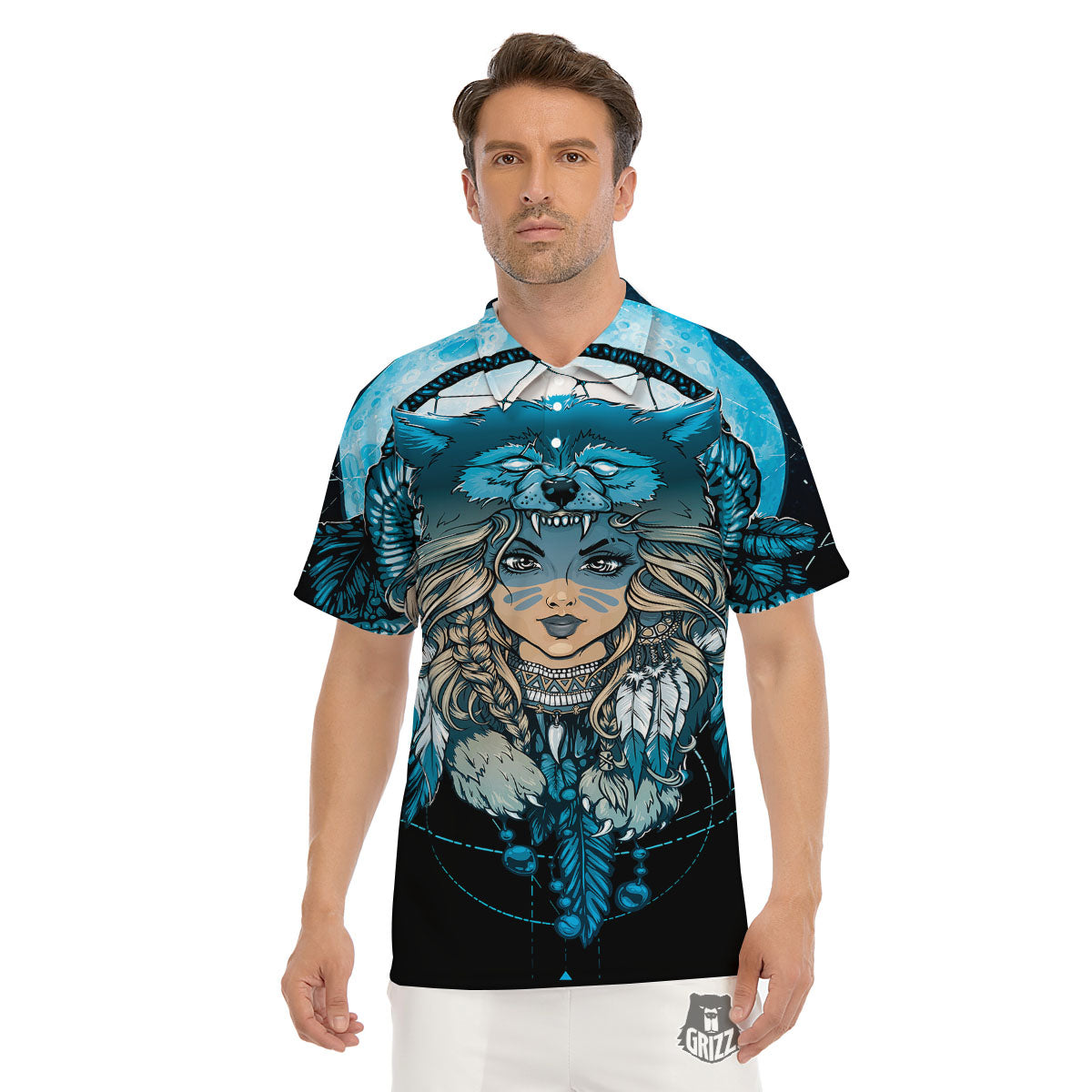 Wolf Girl Native American Print Men's Golf Shirts-grizzshop