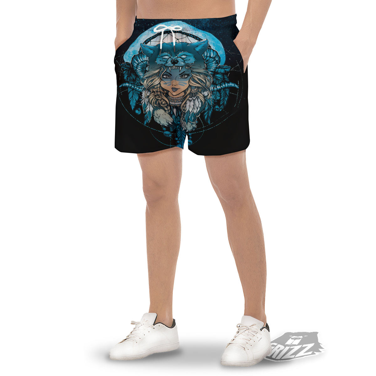 Wolf Girl Native American Print Men's Gym Shorts-grizzshop