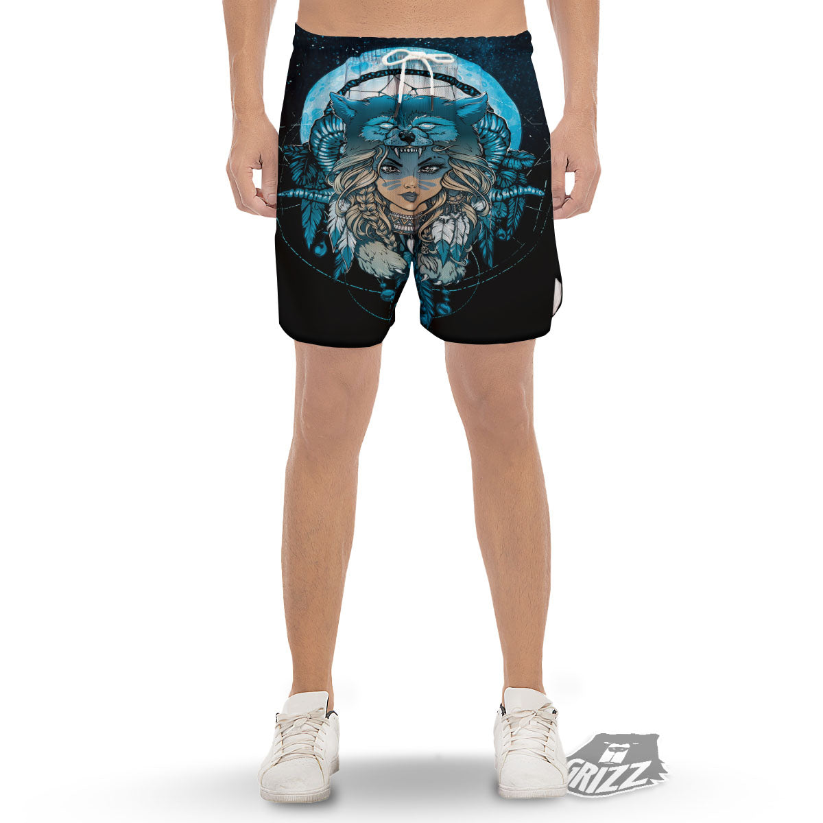 Wolf Girl Native American Print Men's Gym Shorts-grizzshop