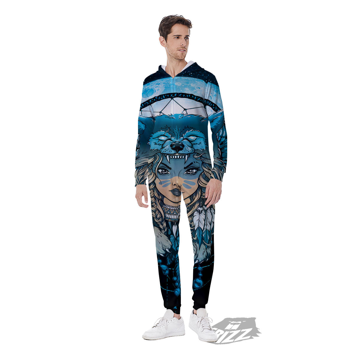 Wolf Girl Native American Print Men's Jumpsuit-grizzshop