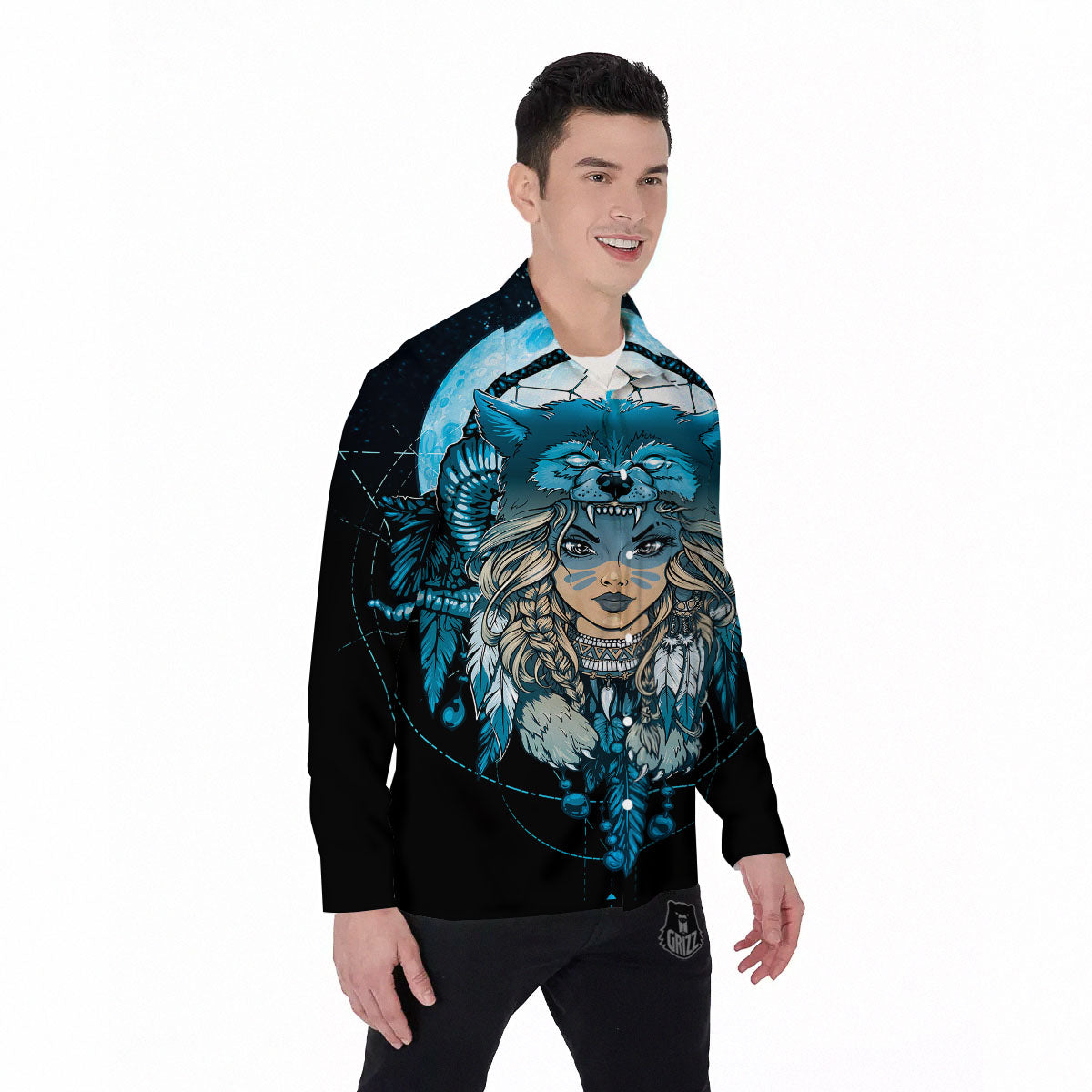Wolf Girl Native American Print Men's Long Sleeve Shirts-grizzshop