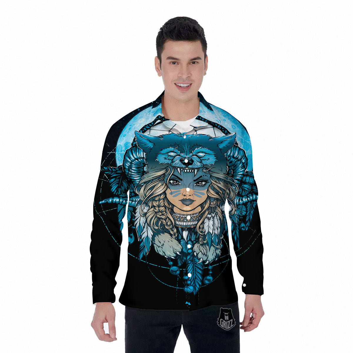 Wolf Girl Native American Print Men's Long Sleeve Shirts-grizzshop