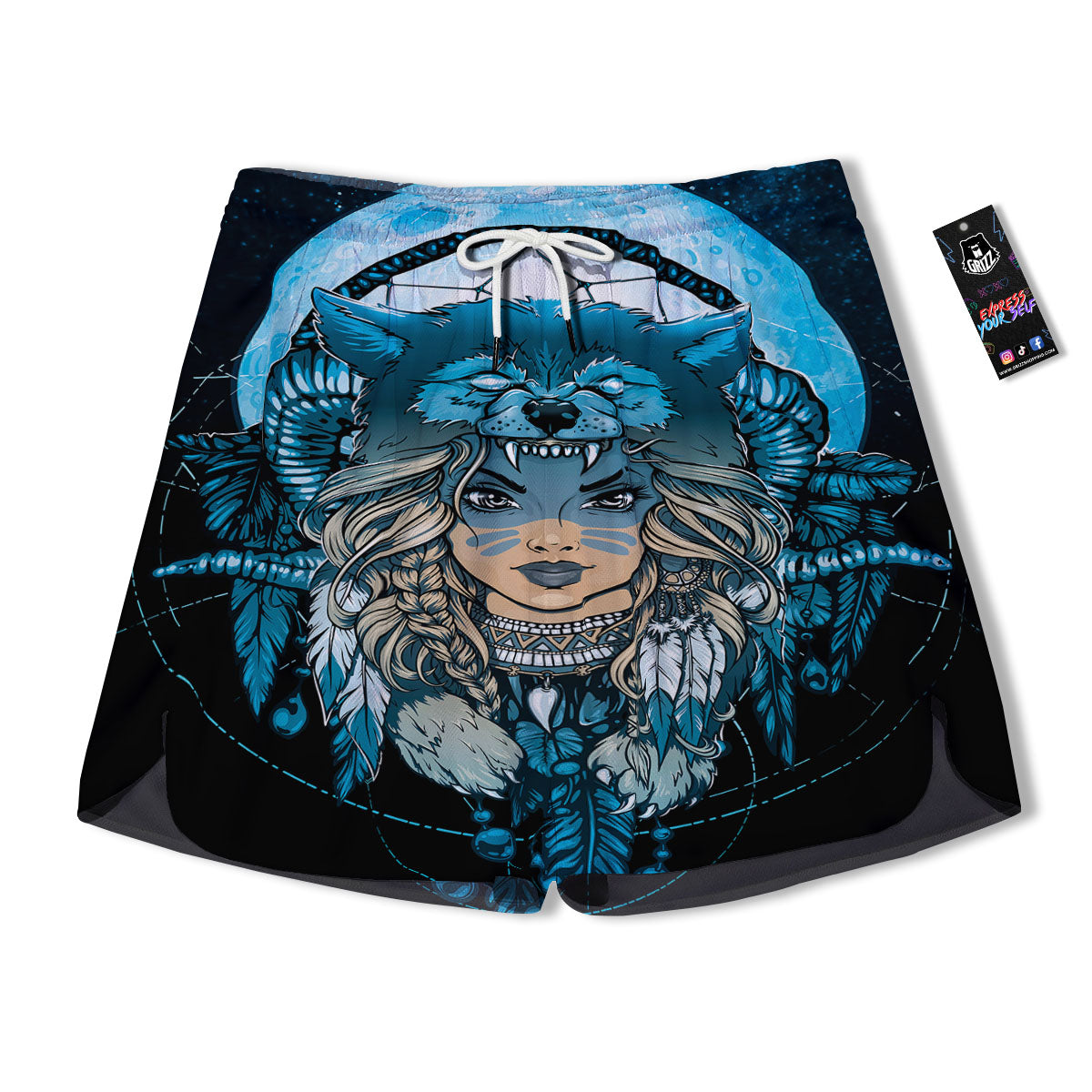 Wolf Girl Native American Print Men's Running Shorts-grizzshop