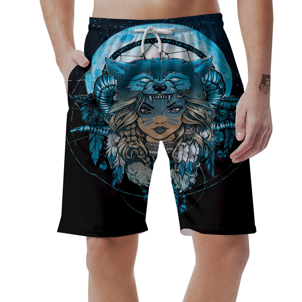 Wolf Girl Native American Print Men's Shorts-grizzshop