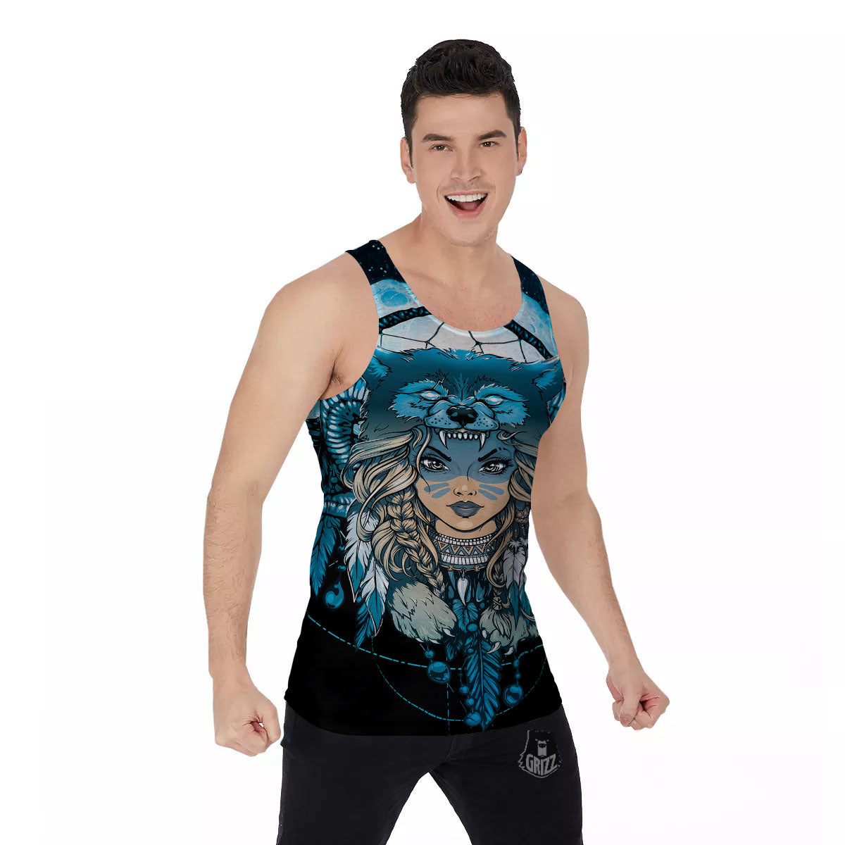 Wolf Girl Native American Print Men's Tank Top-grizzshop