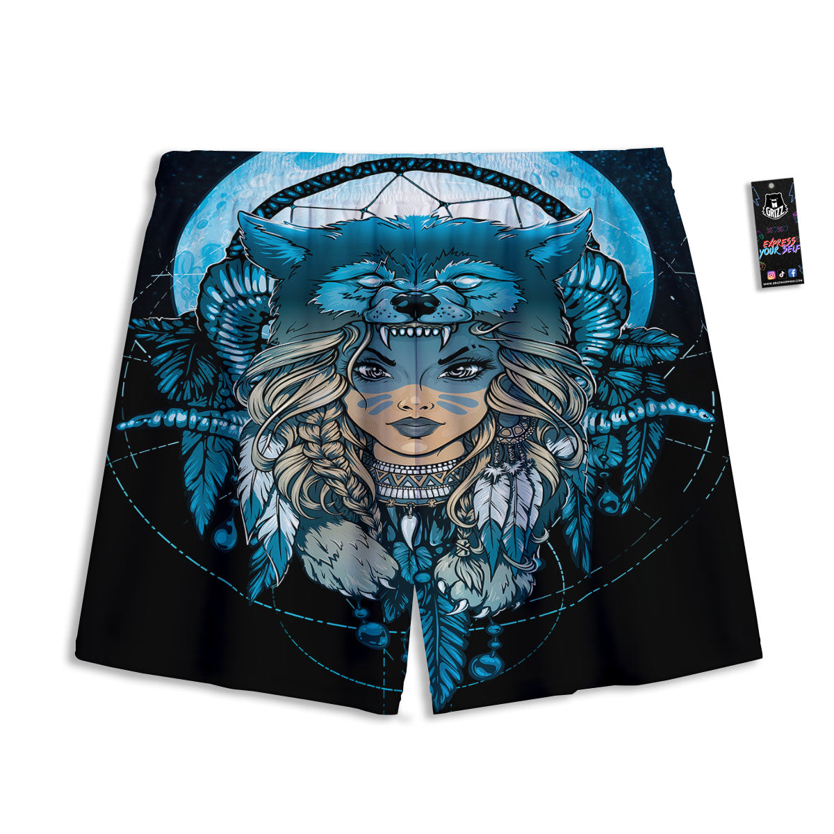 Wolf Girl Native American Print Mesh Shorts