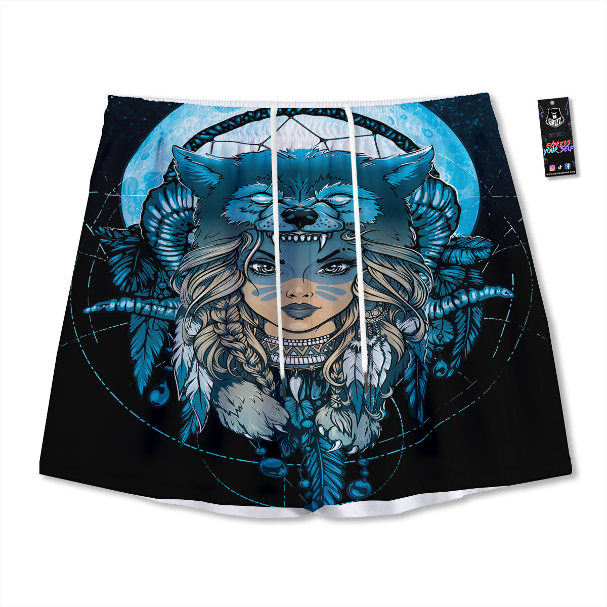 Wolf Girl Native American Print Mesh Shorts