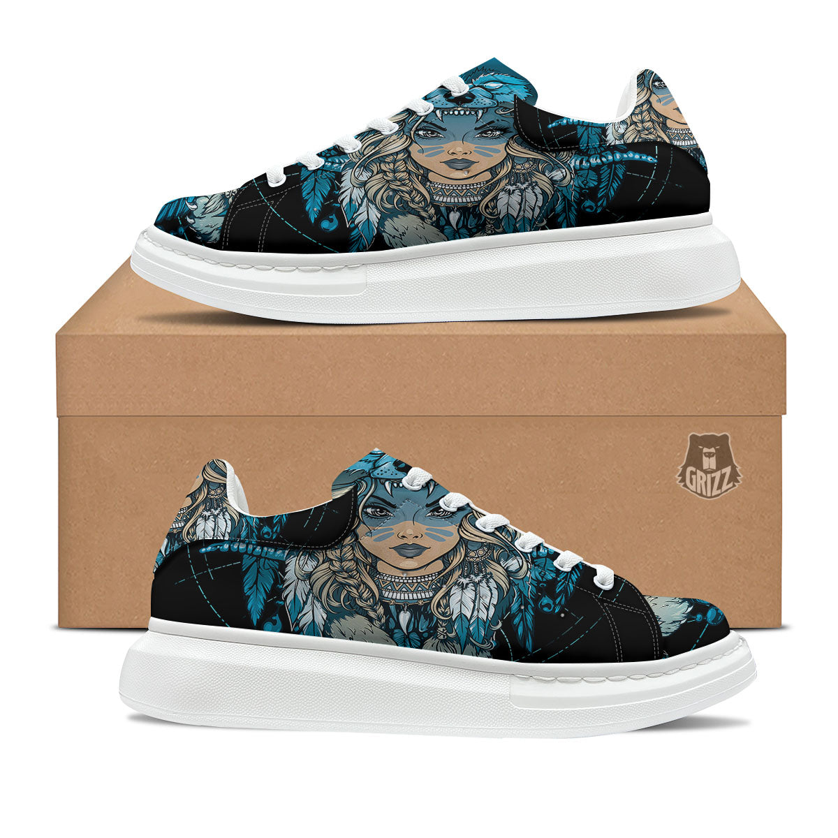 Wolf Girl Native American Print Platform Shoes-grizzshop